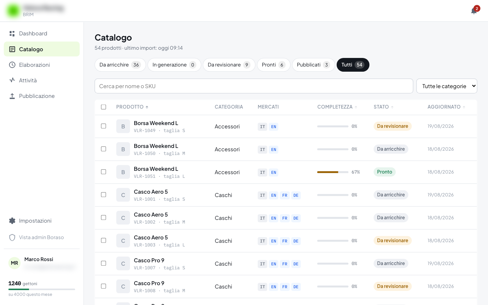 Catalogo prodotti in BRIM con la colonna di valutazione che indica i campi da completare