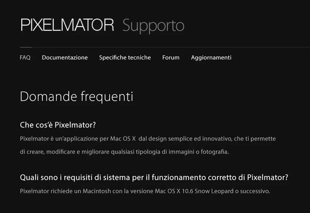 La pagina di supporto di PIXELMATOR